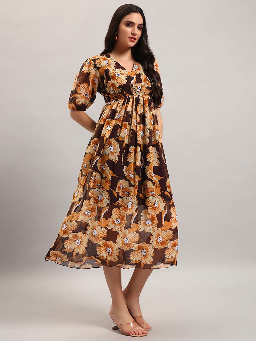 women printed puff sleeves fit and flare dress - 22594141 -  Standard Image - 3