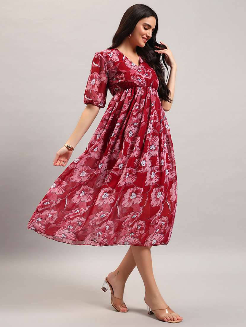 women printed puff sleeves fit and flare dress - 22594142 -  Standard Image - 3