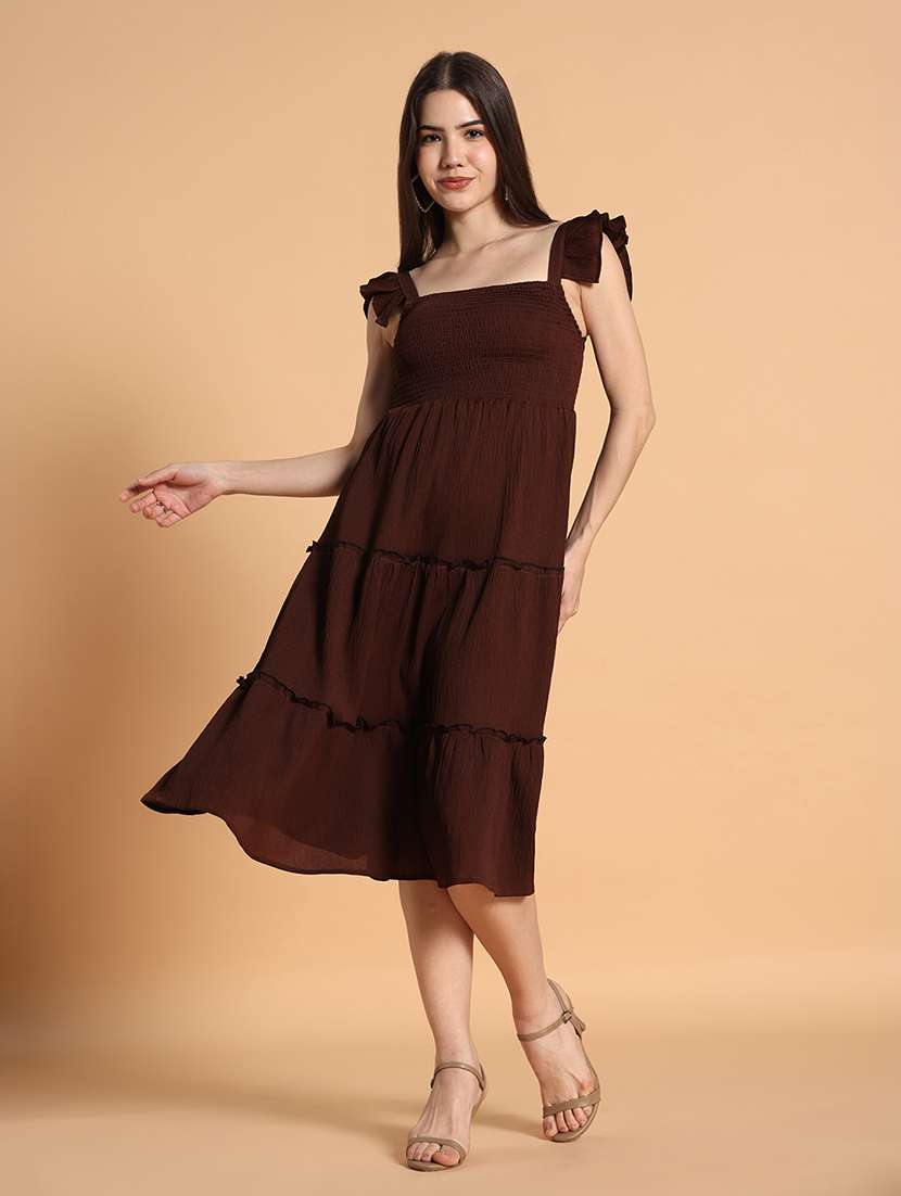 women solid ruffle sleeves tiered dress