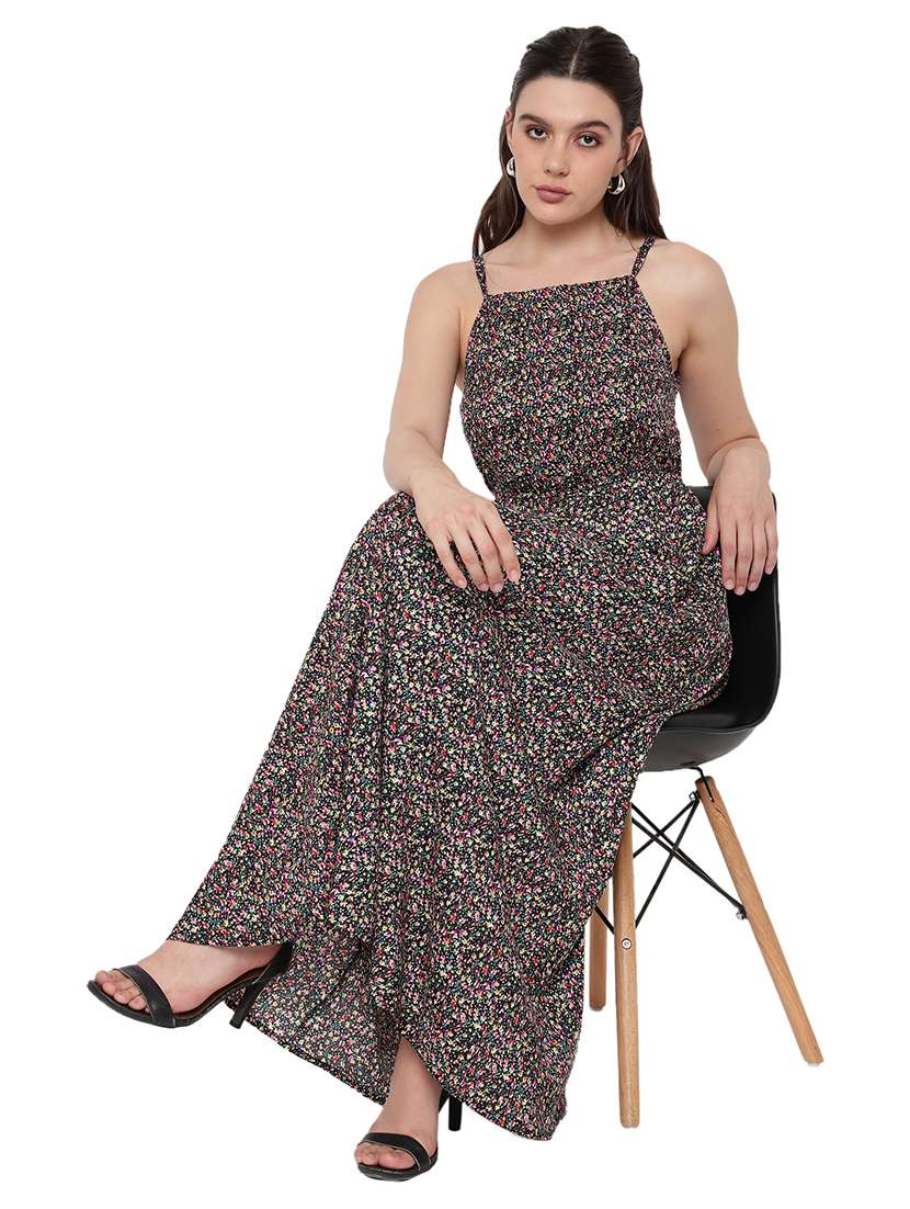 women printed shoulder strap a-line dress