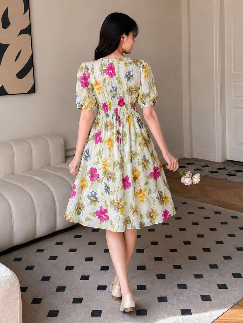 women printed puff sleeves fit and flare dress - 22594163 -  Standard Image - 3