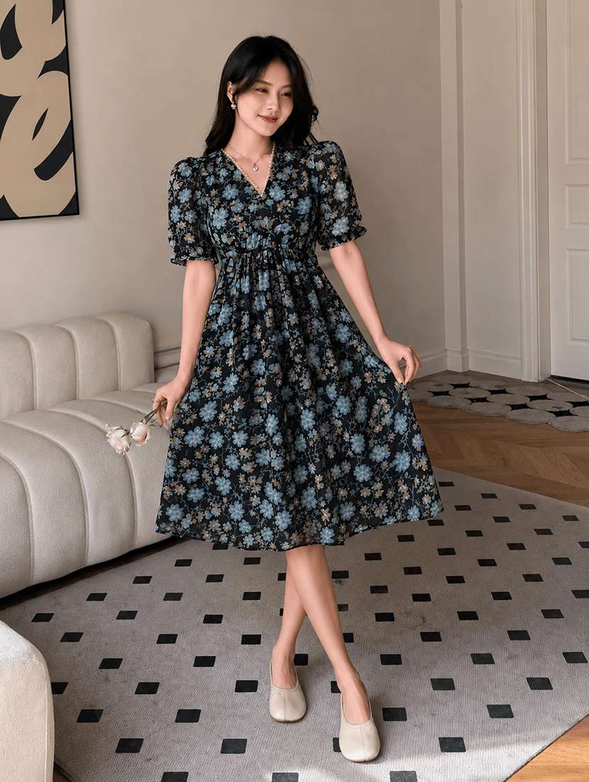 women printed puff sleeves fit and flare dress