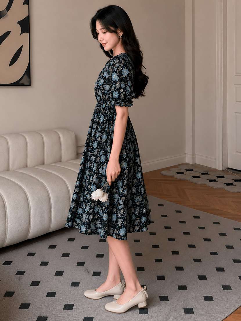 Women Printed Puff Sleeves Fit And Flare Dress - 22594166 -  Standard Image - 3