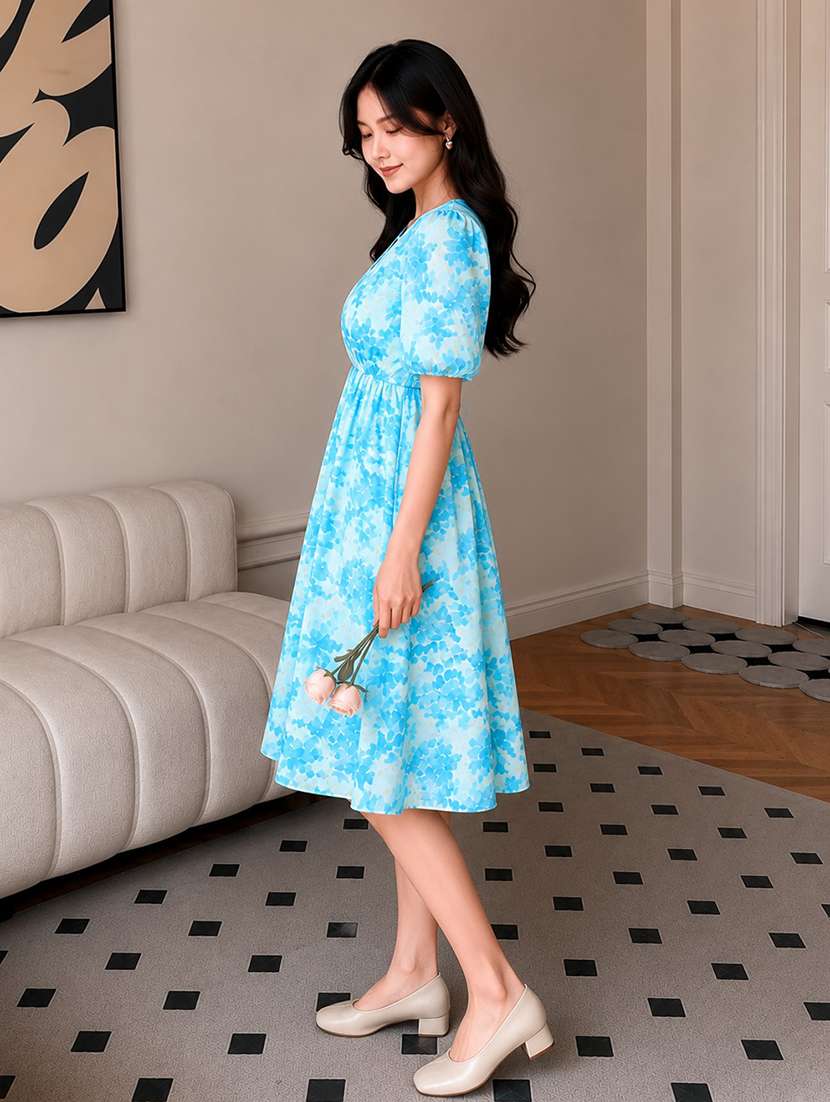 women printed puff sleeves fit and flare dress - 22594167 -  Standard Image - 3