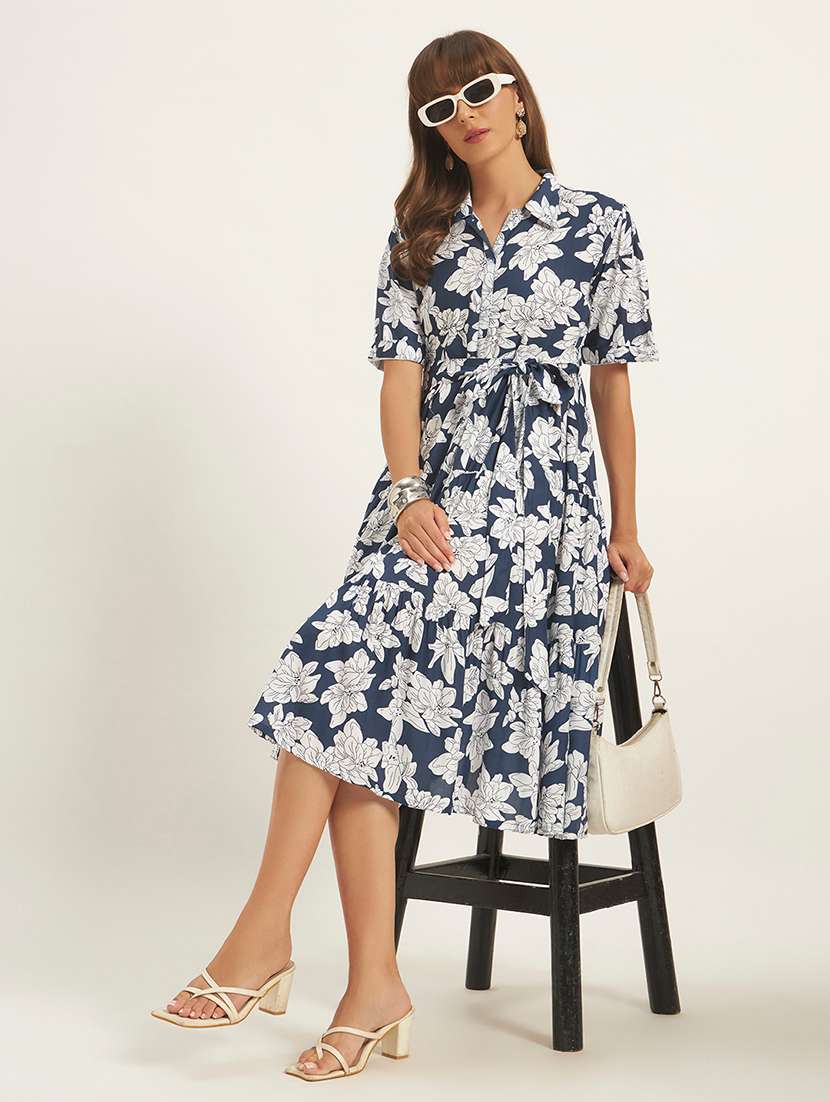 women printed short sleeves tiered dress