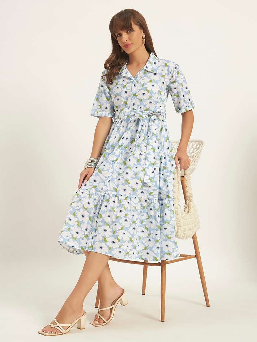 women printed short sleeves tiered dress