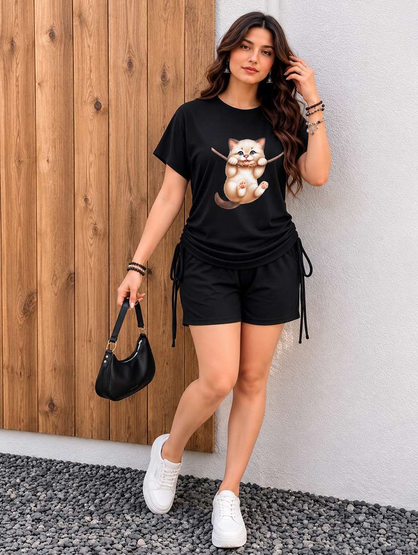 women printed short sleeves t-shirt and shorts set