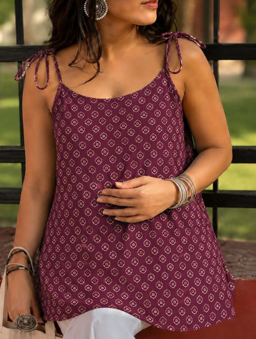 women printed shoulder strap a-line kurti