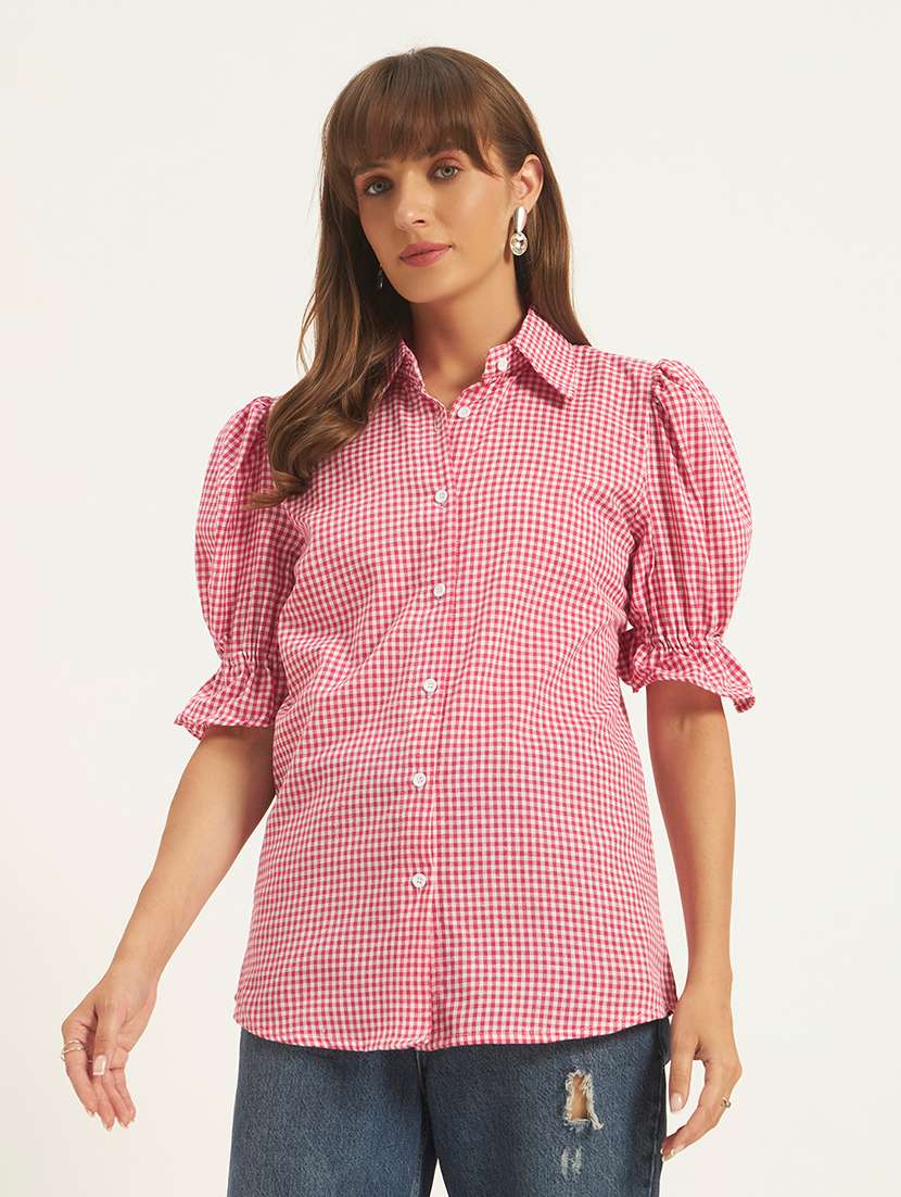 women printed puff sleeves regular fit shirt
