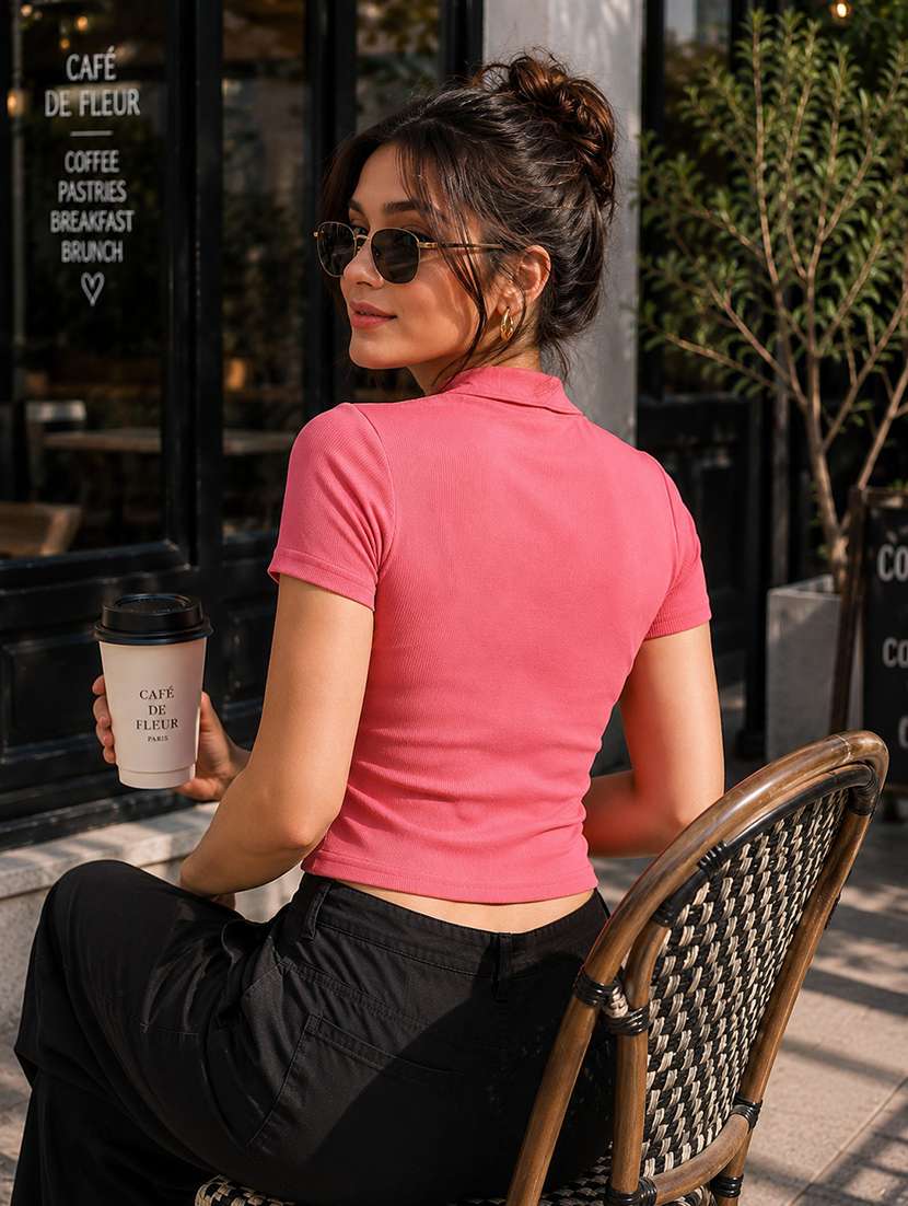 women solid short sleeve crop top - 22594222 -  Standard Image - 3