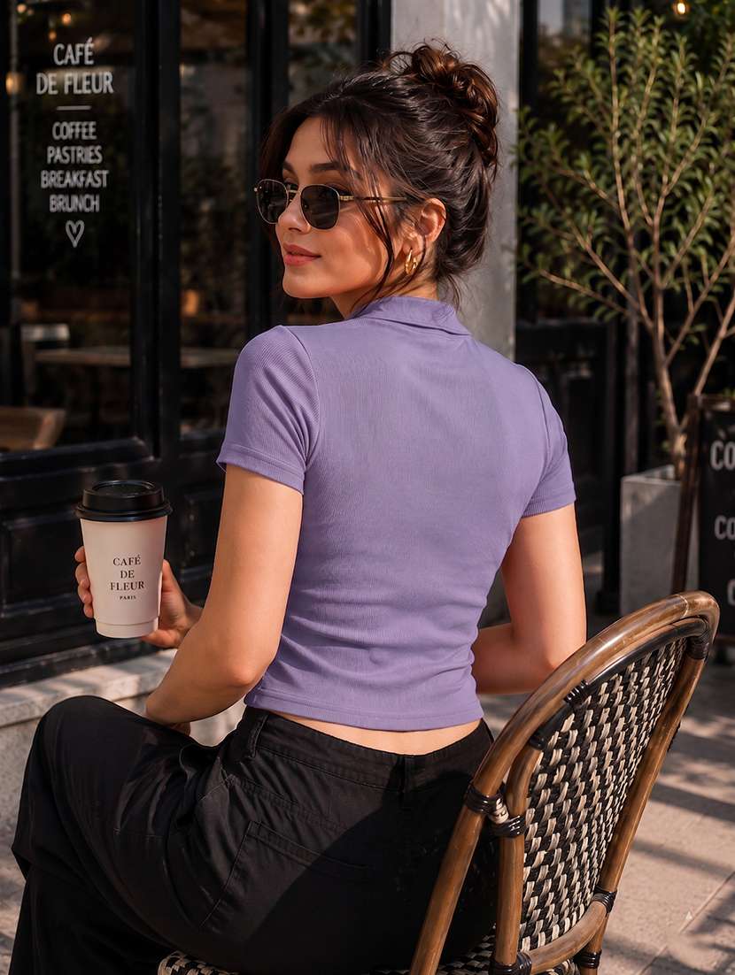women solid short sleeve crop top - 22594223 -  Standard Image - 3