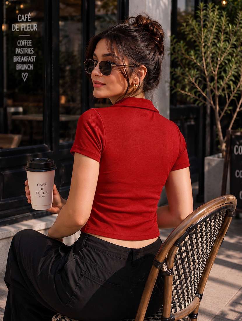 women solid short sleeve crop top - 22594228 -  Standard Image - 3