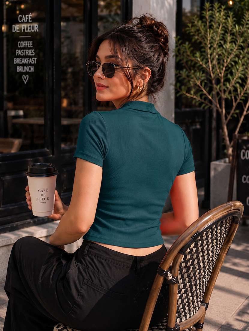 women solid short sleeve crop top - 22594229 -  Standard Image - 3