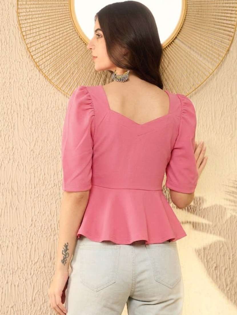 women solid puff sleeve peplum top - 22594230 -  Standard Image - 3