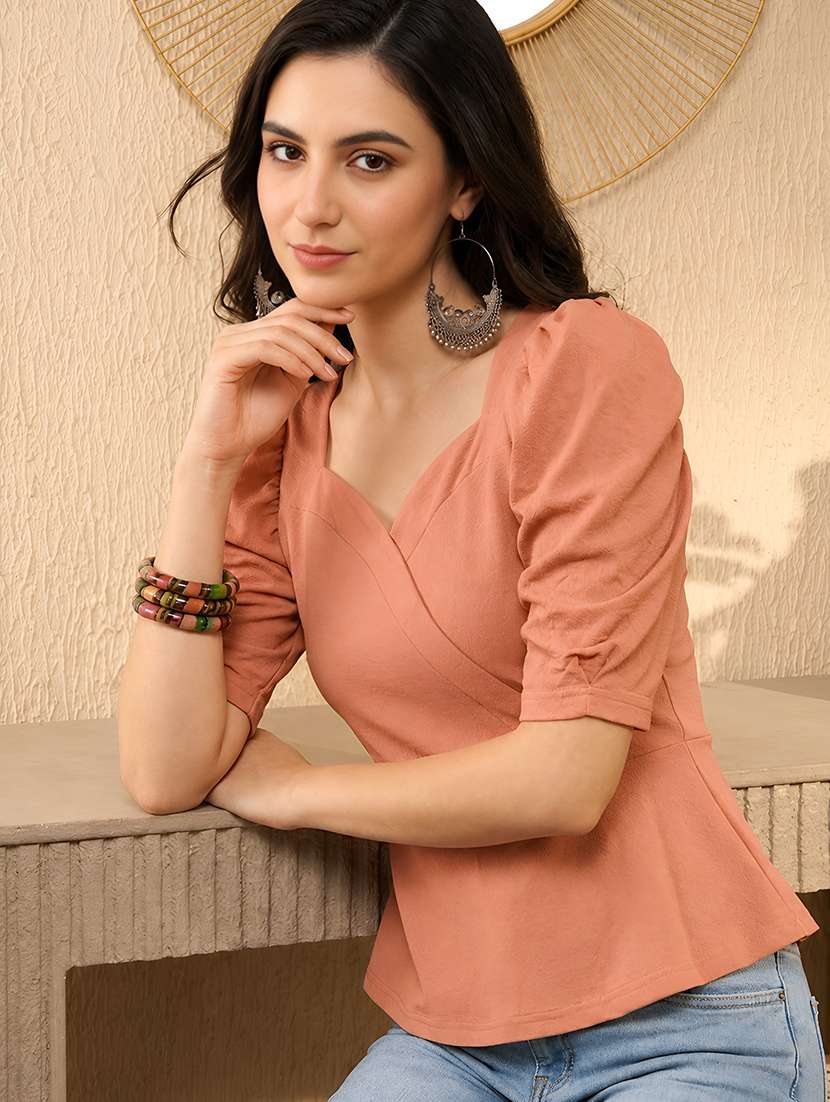 women solid puff sleeve peplum top