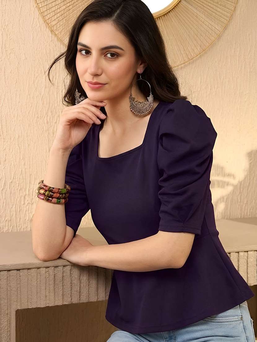 women solid puff sleeve peplum top
