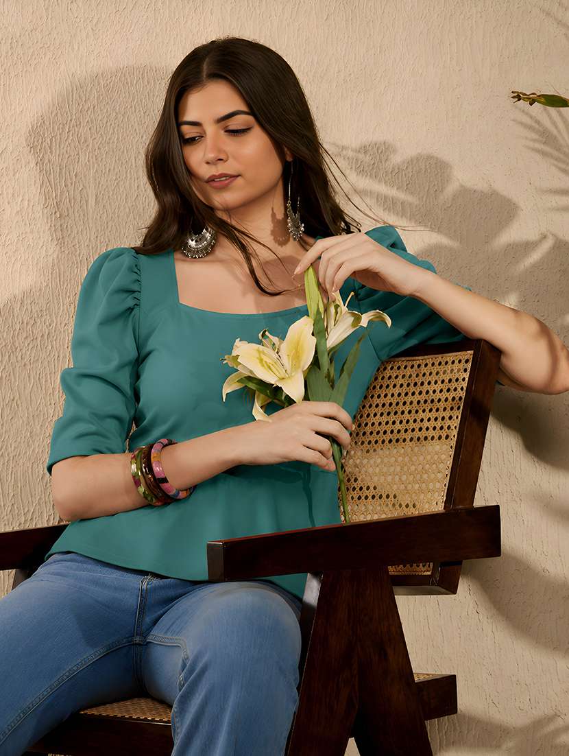 women solid puff sleeve peplum top - 22594243 -  Standard Image - 3