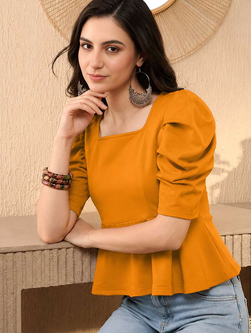 women solid puff sleeve peplum top