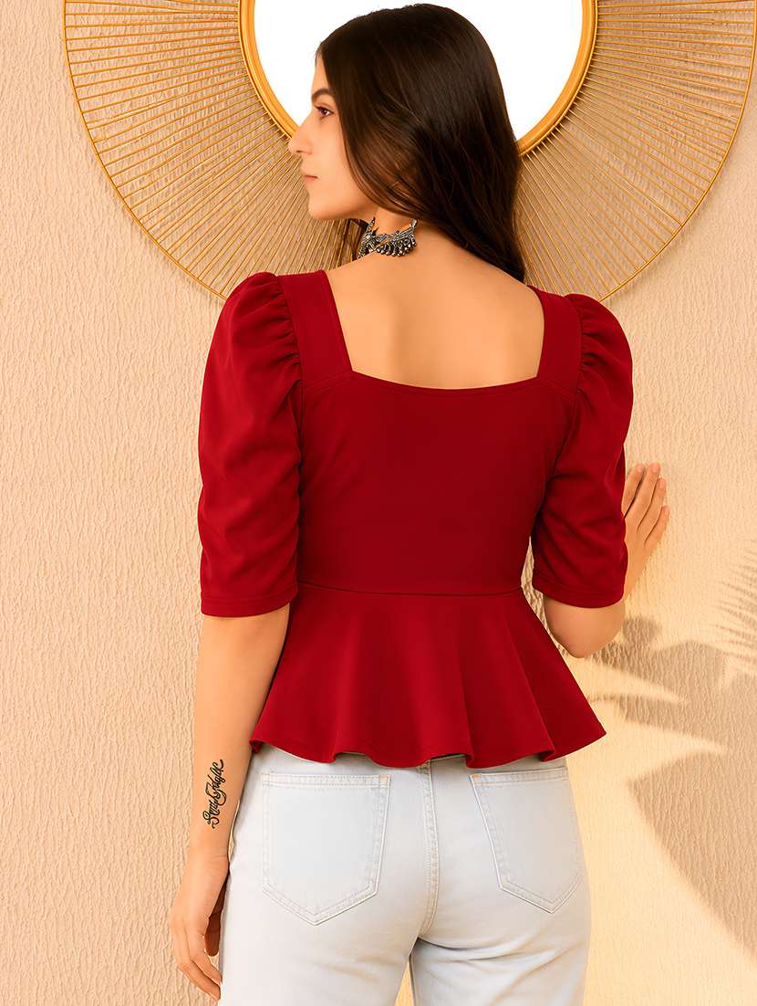 women solid puff sleeve peplum top - 22594246 -  Standard Image - 3