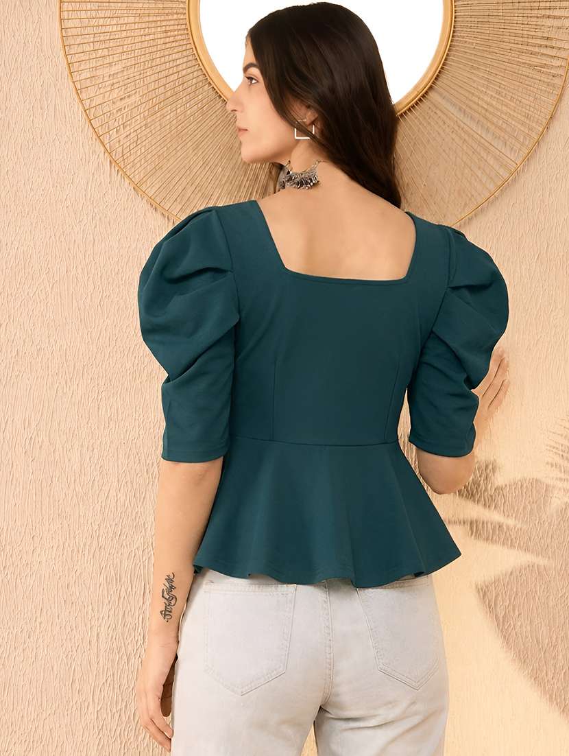 women solid puff sleeve peplum top - 22594248 -  Standard Image - 3