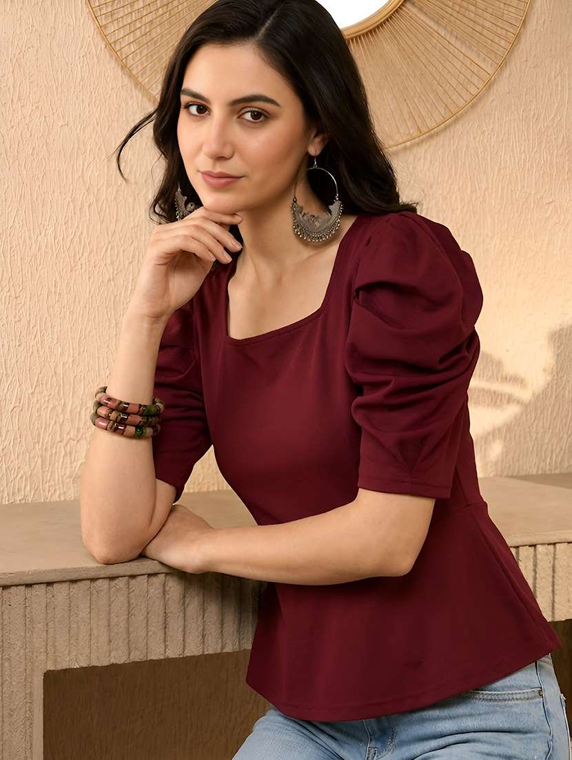 women solid puff sleeve peplum top