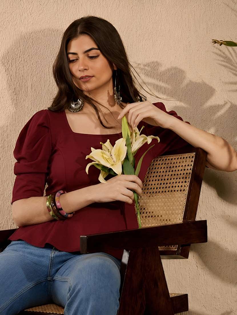 women solid puff sleeve peplum top - 22594249 -  Standard Image - 3