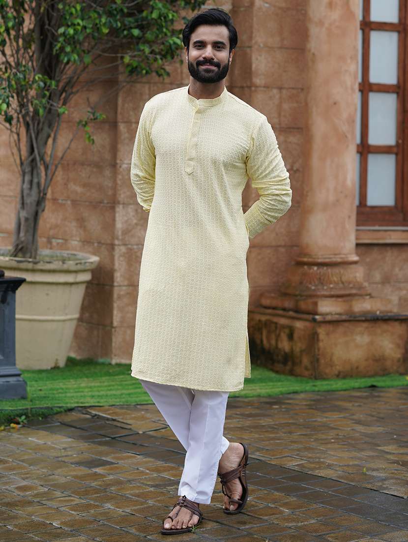 men solid with work mandarin neck kurta pyjama set