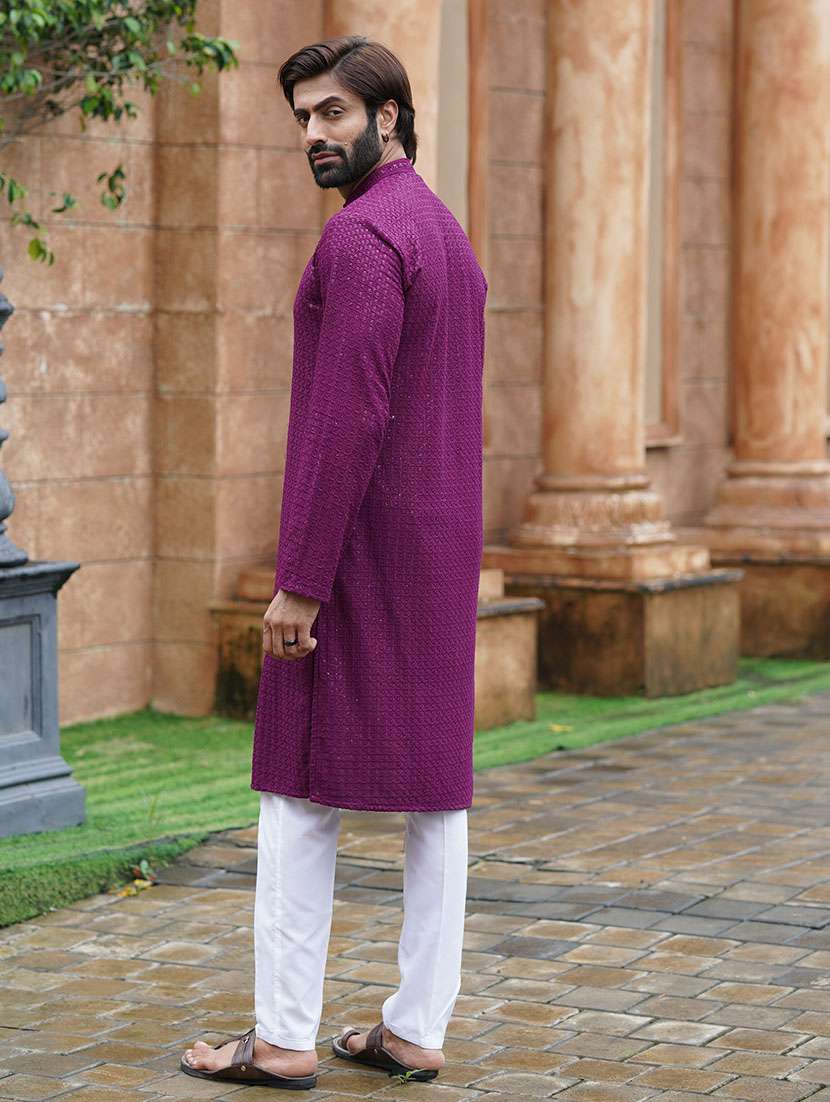 Men Solid With Work Mandarin Neck Kurta Pyjama Set - 22594333 -  Standard Image - 3