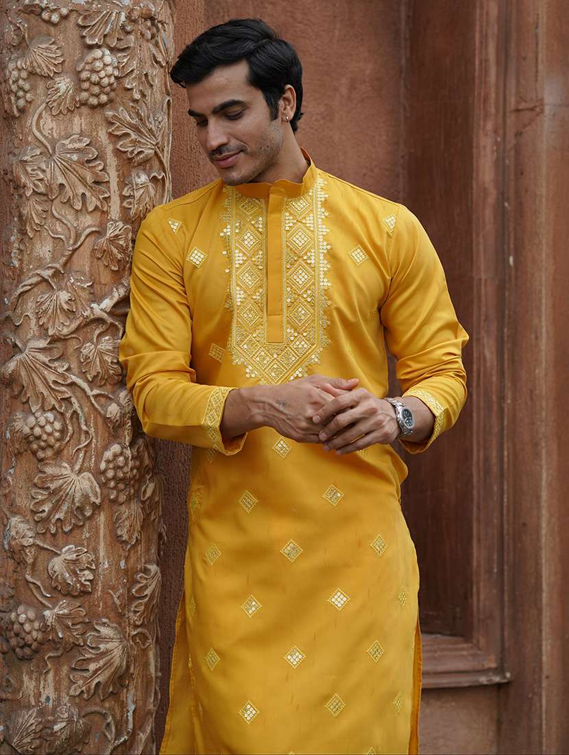 Men Solid With Work Mandarin Neck Kurta Pyjama Set - 22594343 -  Standard Image - 3