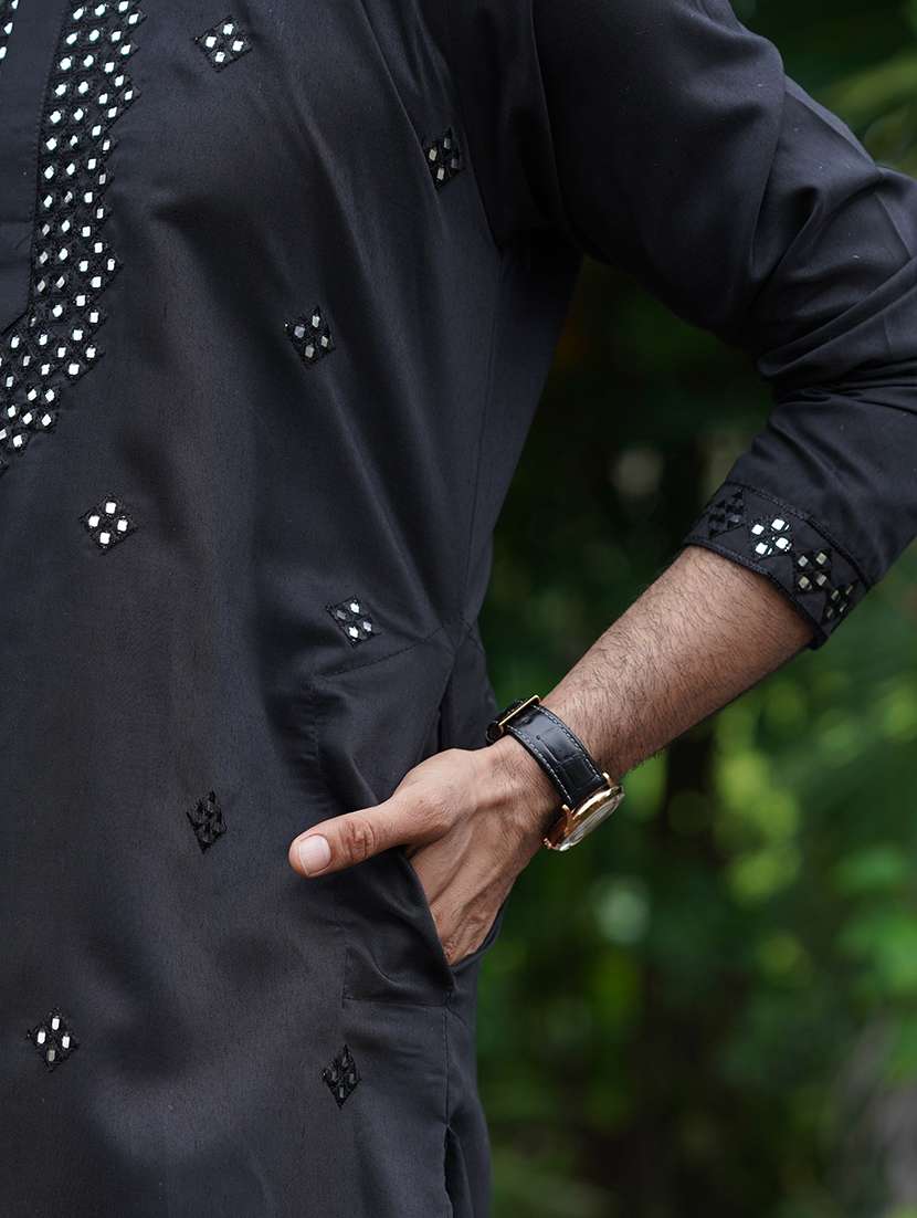 Men Solid With Work Mandarin Neck Kurta Pyjama Set - 22594347 -  Standard Image - 5