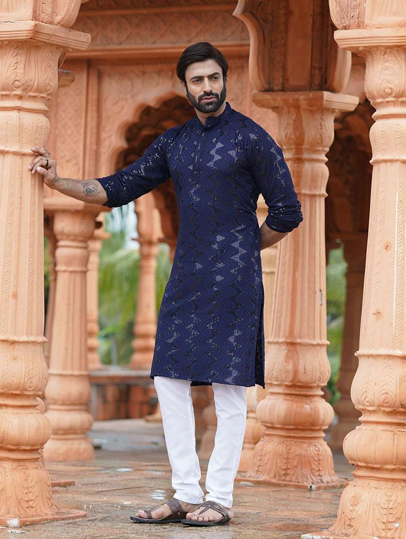 men solid with work mandarin neck kurta pyjama set