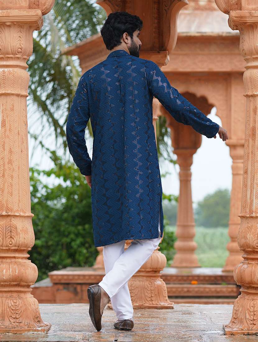 Men Solid With Work Mandarin Neck Kurta Pyjama Set - 22594359 -  Standard Image - 3