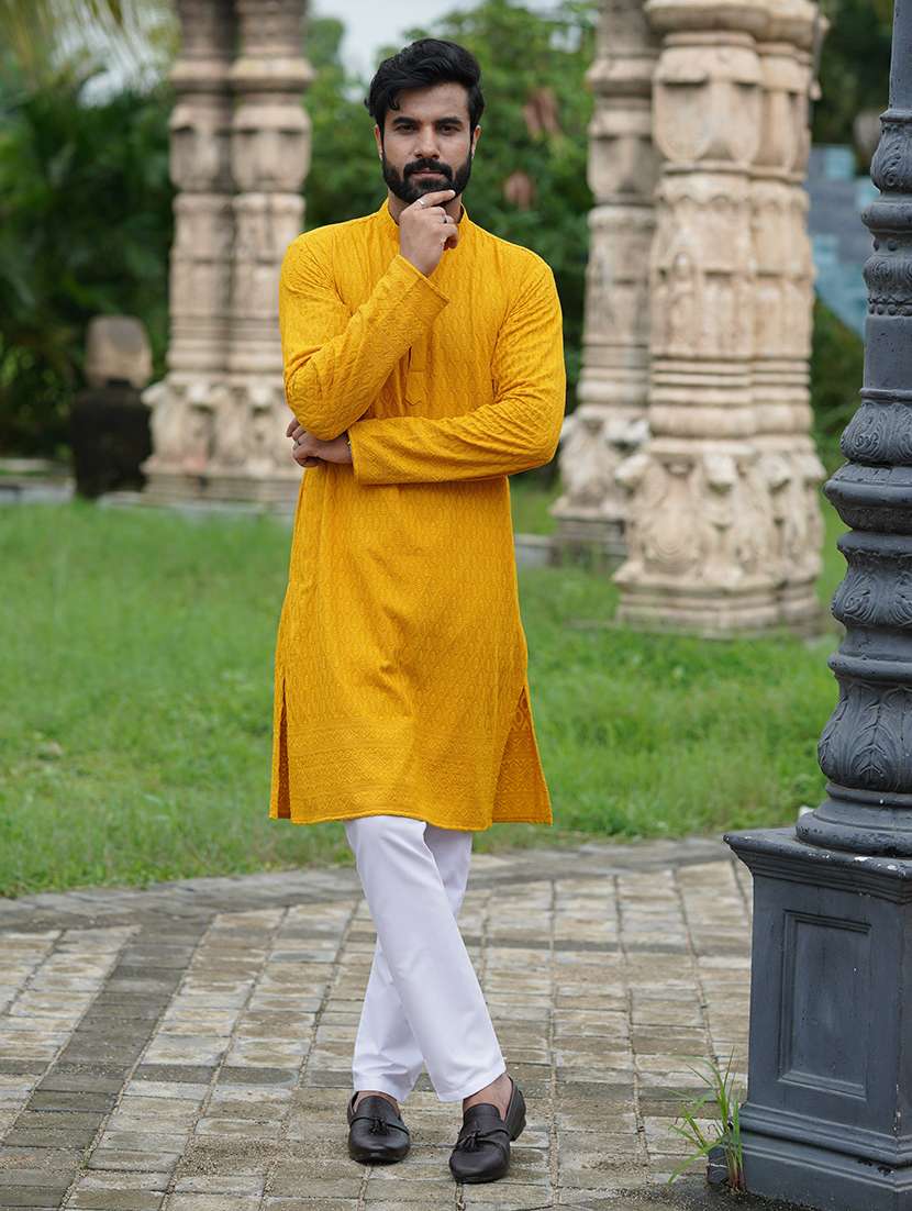 men solid with work mandarin neck kurta pyjama set