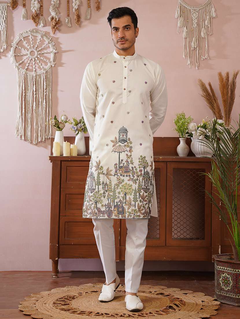 men solid with work mandarin neck kurta pyjama set
