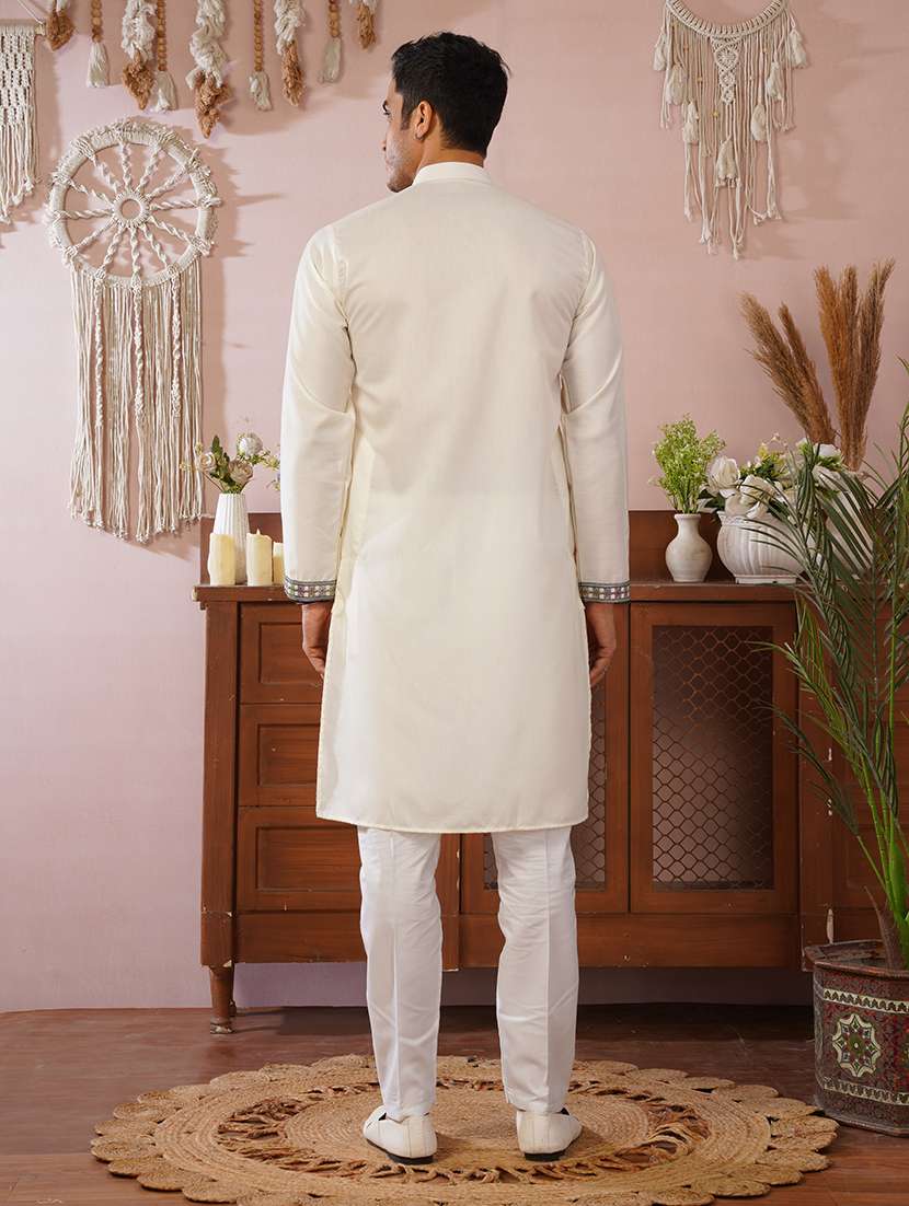 Men Solid With Work Mandarin Neck Kurta Pyjama Set - 22594402 -  Standard Image - 3