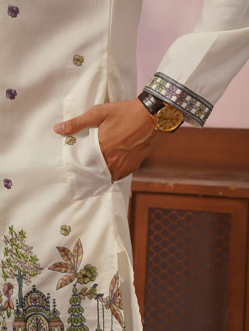 Men Solid With Work Mandarin Neck Kurta Pyjama Set - 22594402 -  Standard Image - 5
