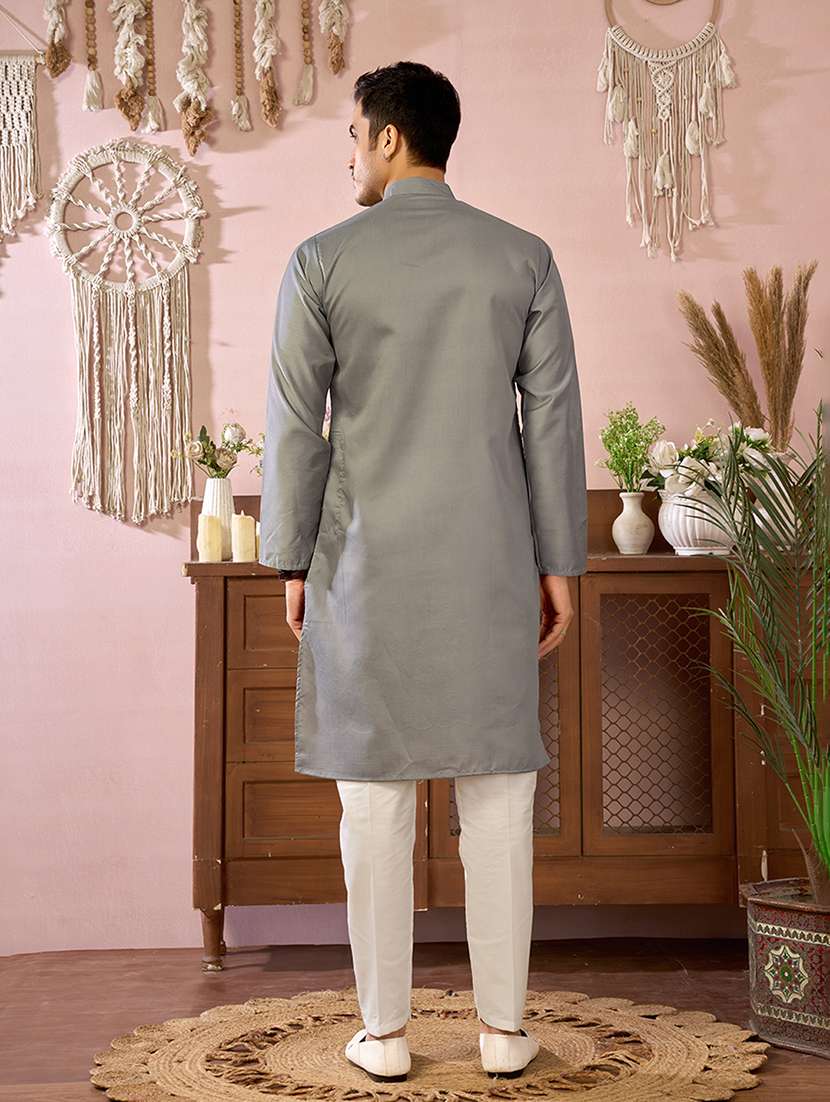 Men Solid With Work Mandarin Neck Kurta Pyjama Set - 22594408 -  Standard Image - 3