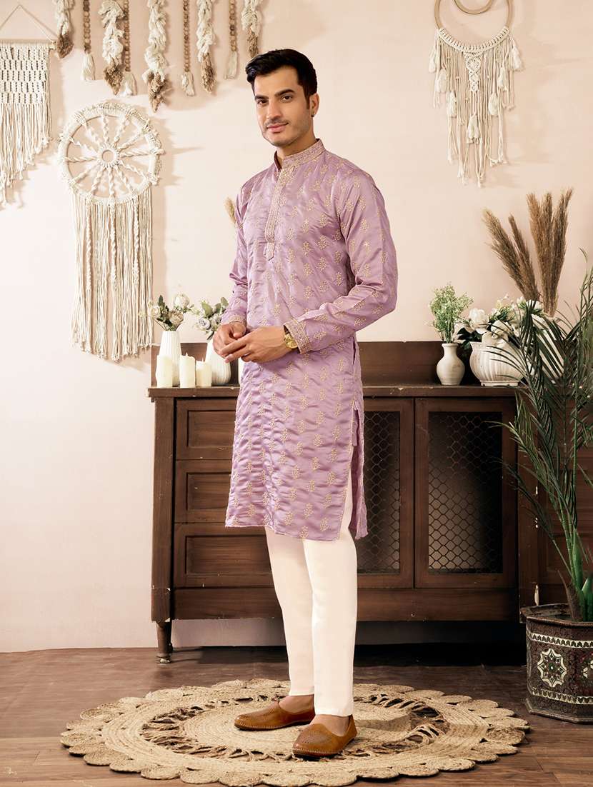 men solid with work mandarin neck kurta pyjama set - 22594412 -  Standard Image - 3