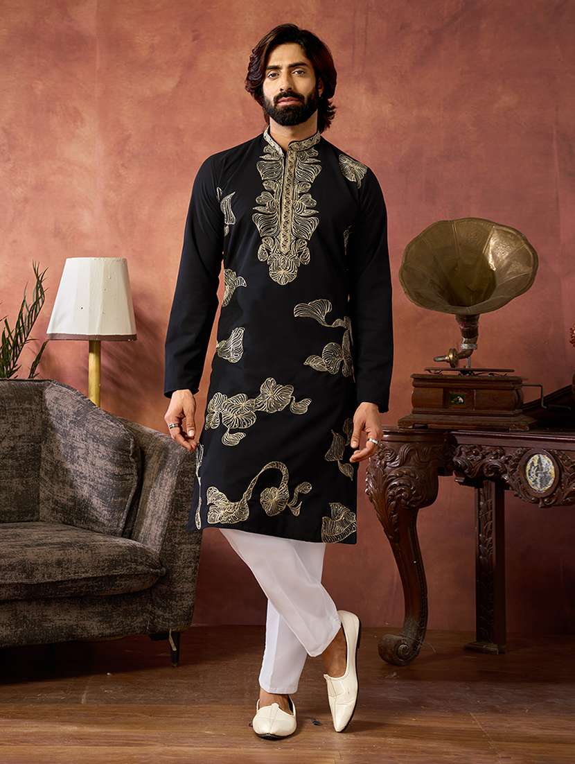 men solid with work mandarin neck kurta pyjama set