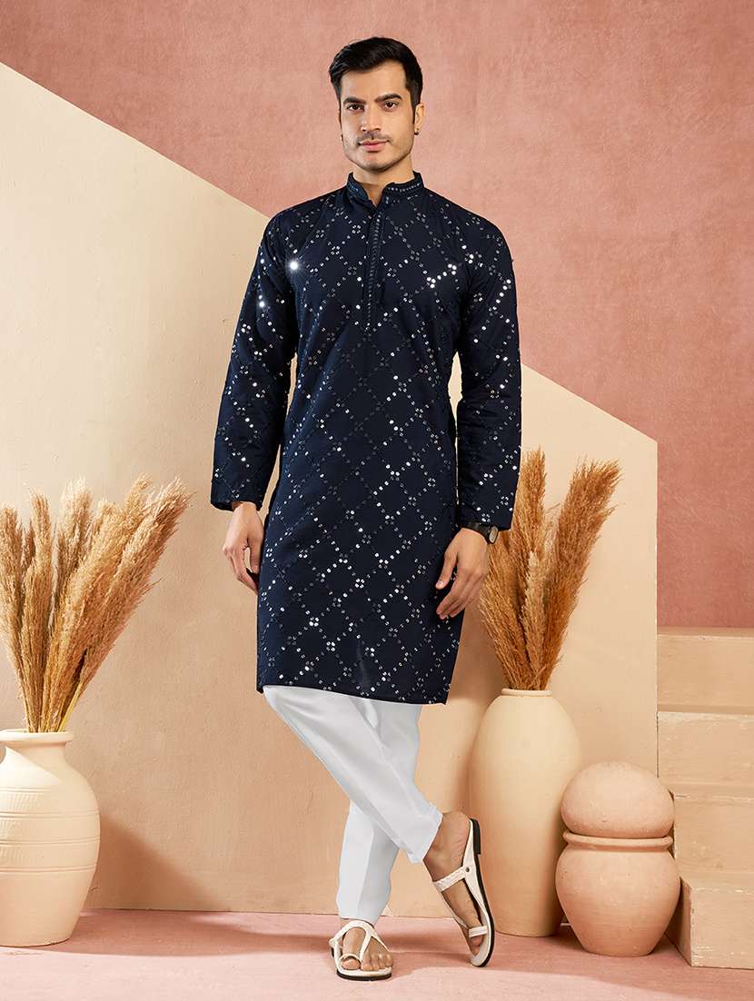 men solid with work mandarin neck kurta pyjama set