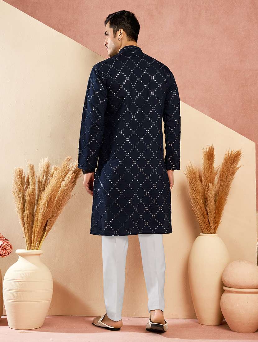 men solid with work mandarin neck kurta pyjama set - 22594416 -  Standard Image - 3