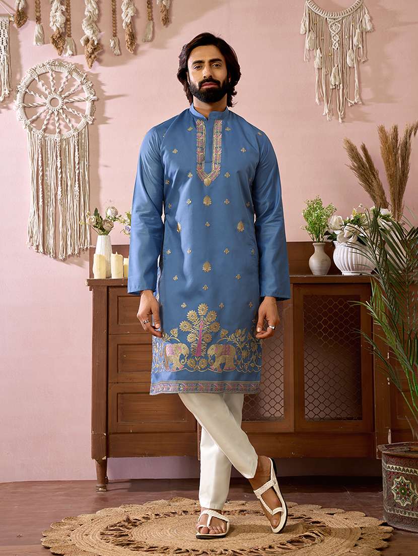 men solid with work mandarin neck kurta pyjama set