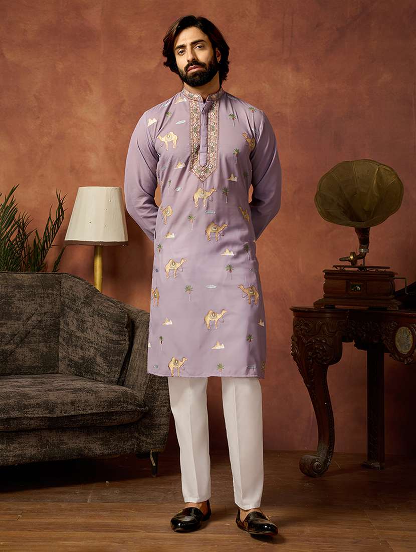 men solid with work mandarin neck kurta pyjama set