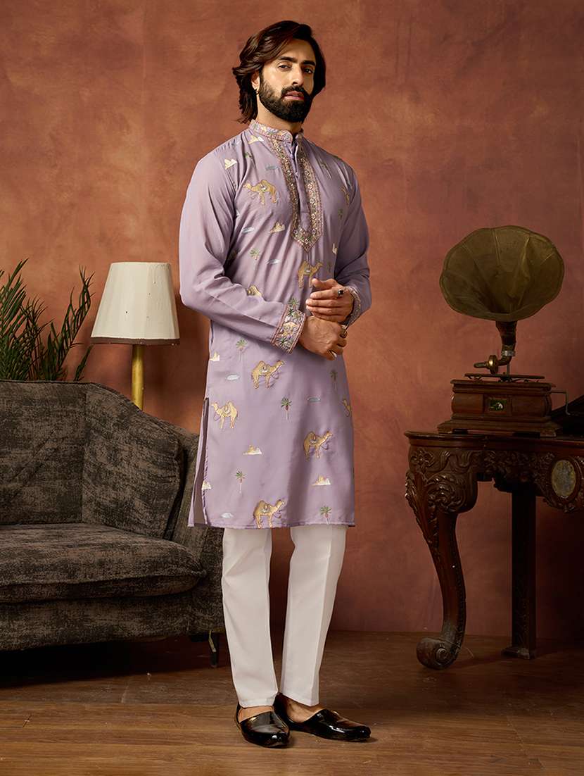 men solid with work mandarin neck kurta pyjama set - 22594424 -  Standard Image - 3
