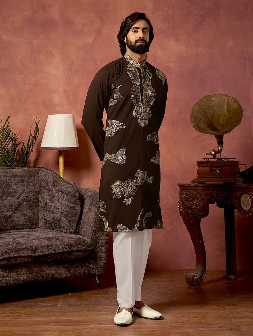 Men Solid With Work Mandarin Neck Kurta Pyjama Set - 22594425 -  Standard Image - 3