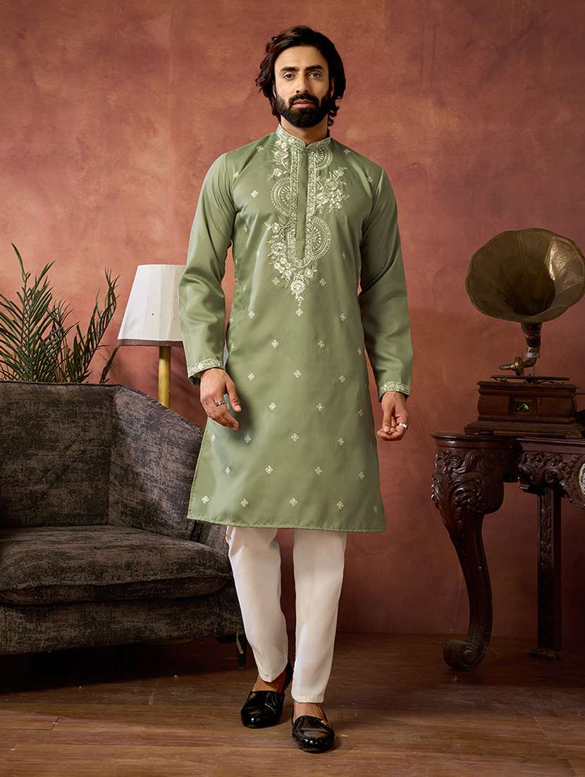 men solid with work mandarin neck kurta pyjama set