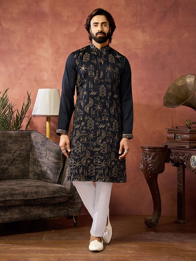 men solid with work mandarin neck kurta pyjama set
