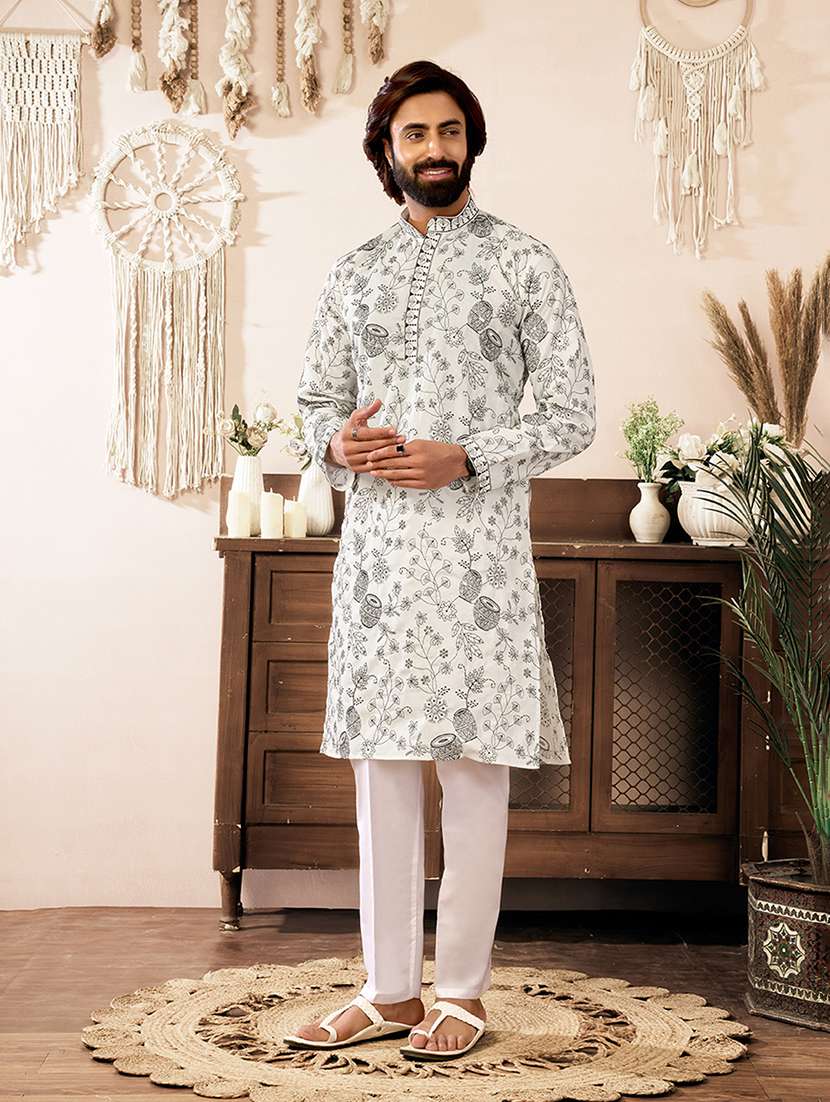 men solid with work mandarin neck kurta pyjama set