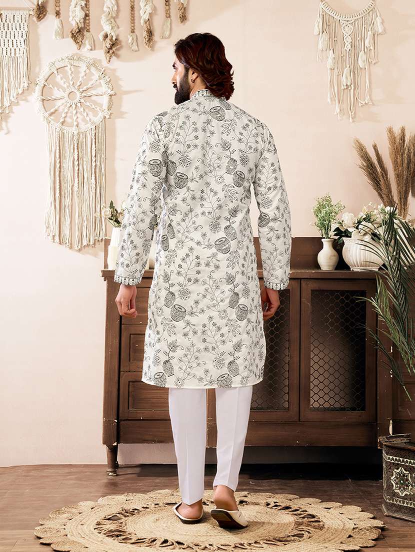 Men Solid With Work Mandarin Neck Kurta Pyjama Set - 22594441 -  Standard Image - 3