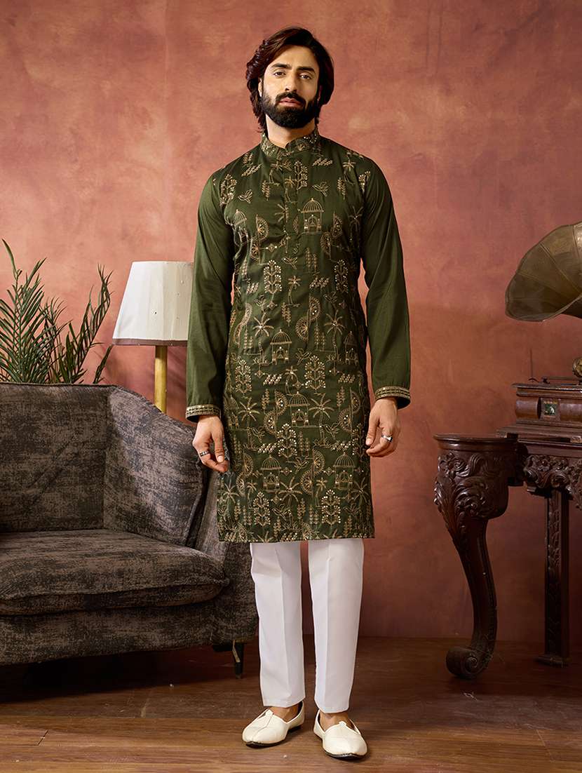 men solid with work mandarin neck kurta pyjama set